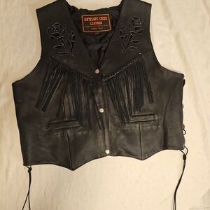 Antelope Black Leather Fringe Vest with Floral Cutouts